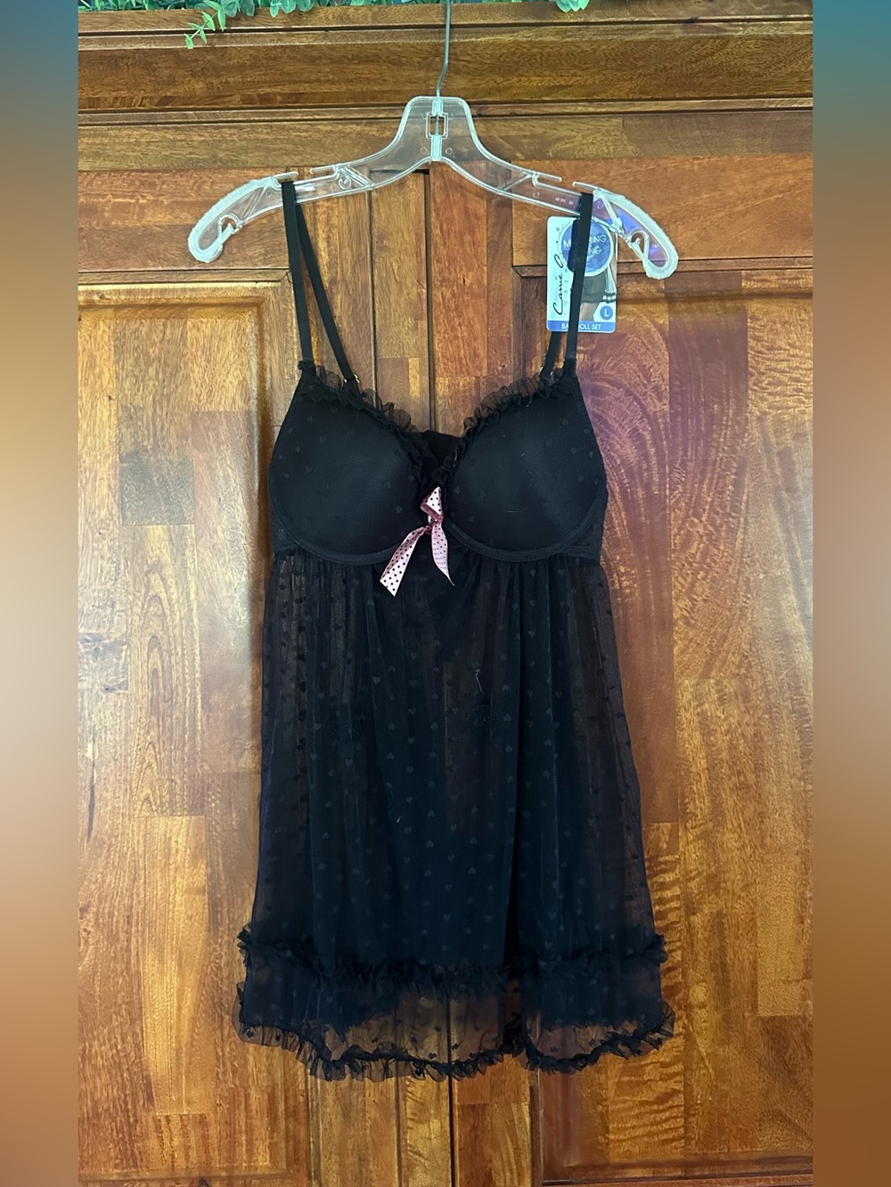 Carrie Amber Black Mesh Babydoll Chemise with Pink Bow Accent